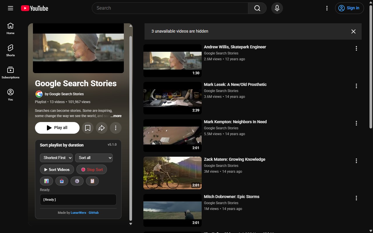 YTSort in dark mode on a playlist