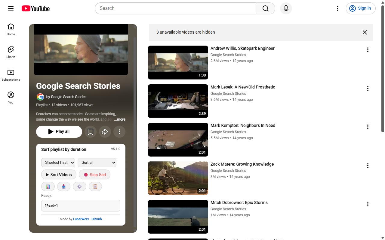 The YTSort panel on a YouTube playlist page